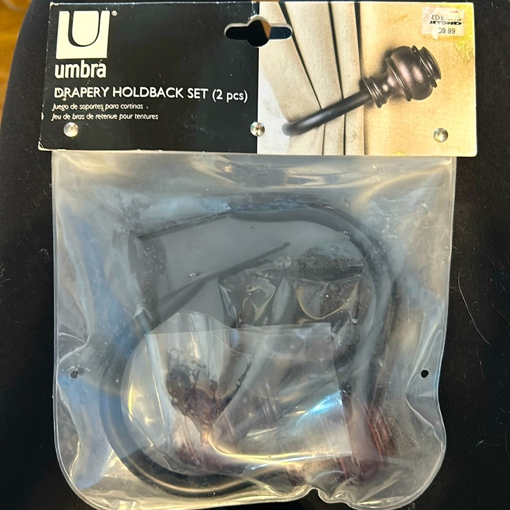 NIP Drapery hold back set for curtains. Two piece metal hook hardware included.